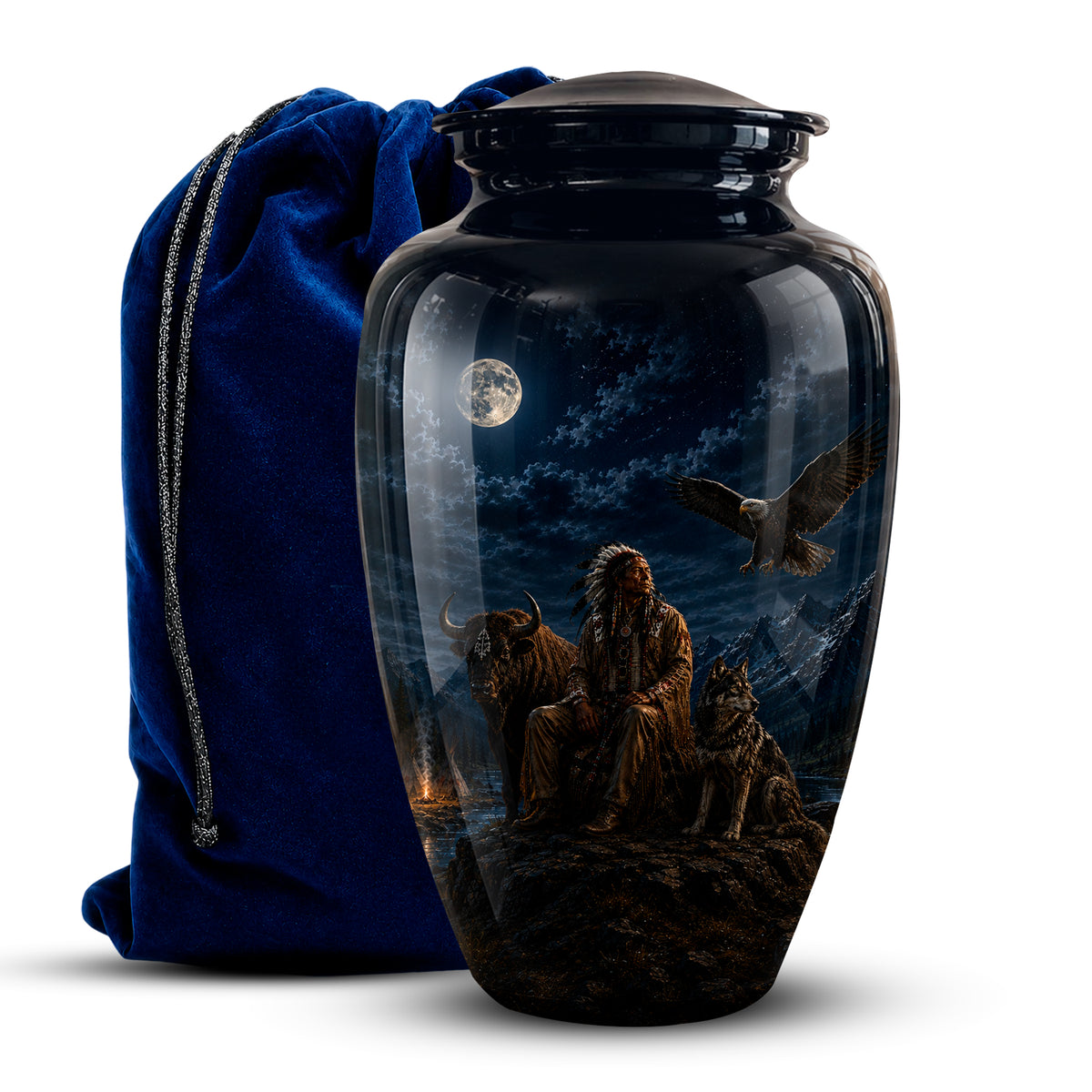A glossy black cremation urn with a detailed fantasy illustration of a warrior sitting with a bison and dog under a full moon, shown next to a royal blue velvet drawstring bag on a white background.