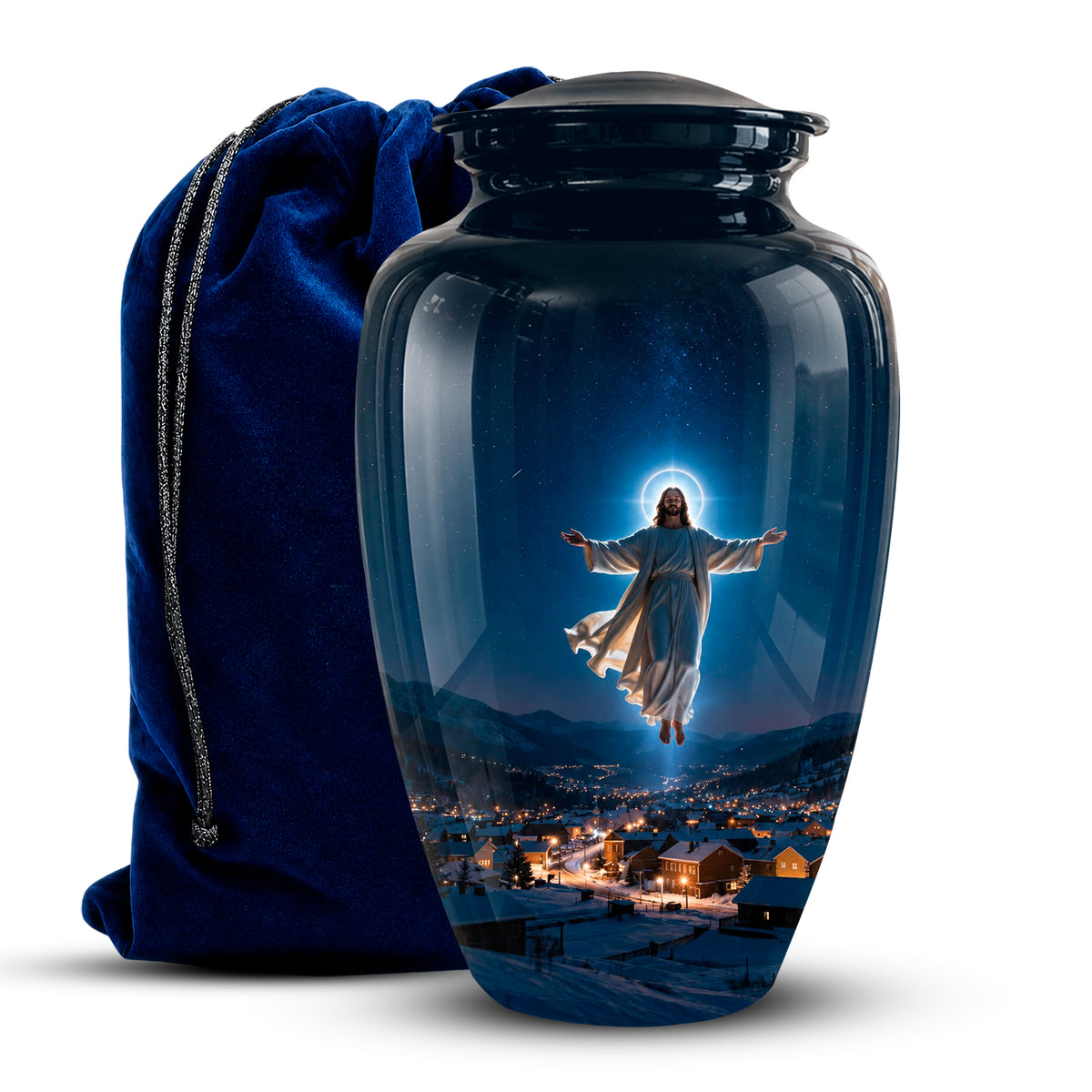 A glossy dark blue glass cremation urn with a lid, featuring a printed image of Jesus floating above a snowy village at night. A deep blue velvet drawstring bag sits behind the urn on a white background.