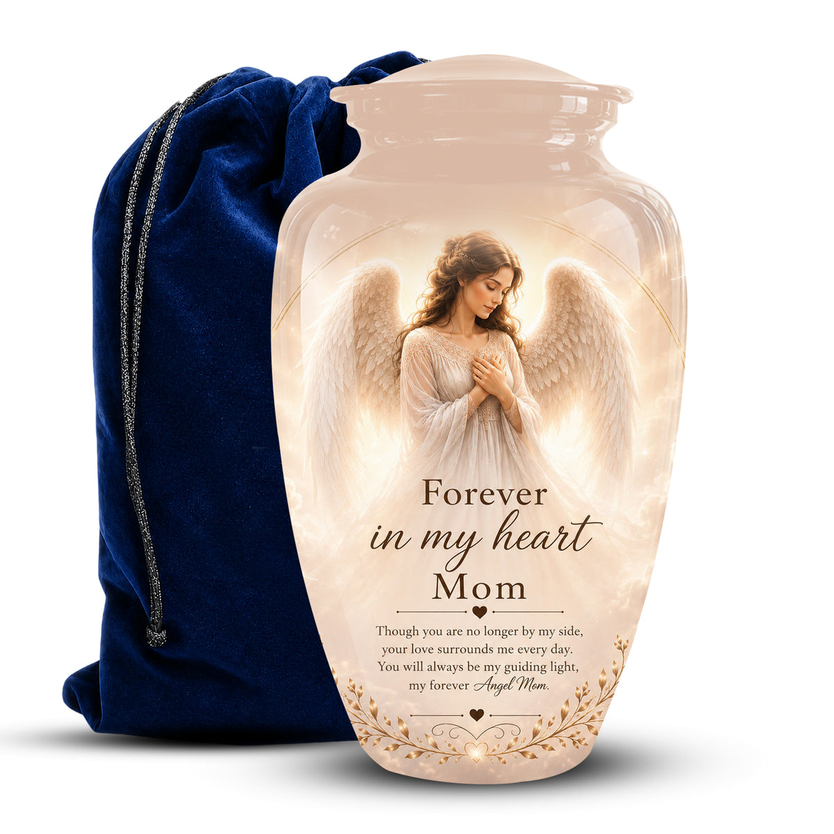 A cremation urn vase with a printed angel portrait and the text 'Forever in my heart Mom' on a white background, shown with a dark blue velvet drawstring bag behind it.