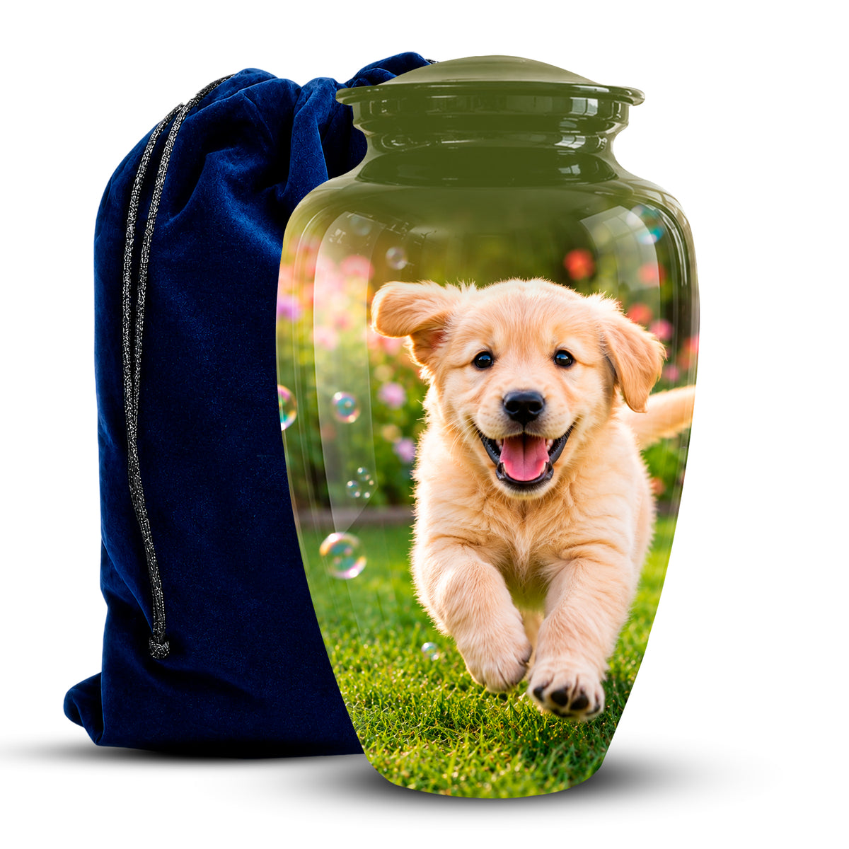 A glossy green ceramic pet urn with a printed photo of a golden retriever running on grass, shown next to a dark blue velvet drawstring bag on a white background.