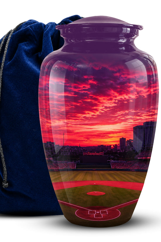 A glossy ceramic cremation urn shaped like a baseball stadium, printed with a vivid sunset scene in red, pink, orange, and green, shown next to a dark blue velvet drawstring bag on a white background.