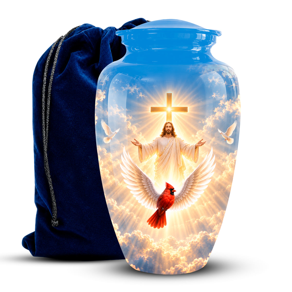 A clear glass cremation urn with a blue lid, featuring a printed religious design of Jesus with a cross, doves, clouds, and a red cardinal. A dark blue velvet drawstring bag is positioned behind the urn on a white background.