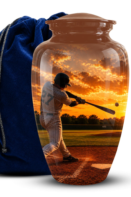 A clear glass urn-shaped vase with a lid, printed with a baseball player at sunset, shown next to a blue velvet drawstring bag on a white background.