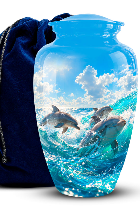 A glossy blue glass urn featuring a printed ocean scene with dolphins jumping through turquoise waves under a cloudy sky, shown next to a dark blue velvet drawstring bag on a white background.