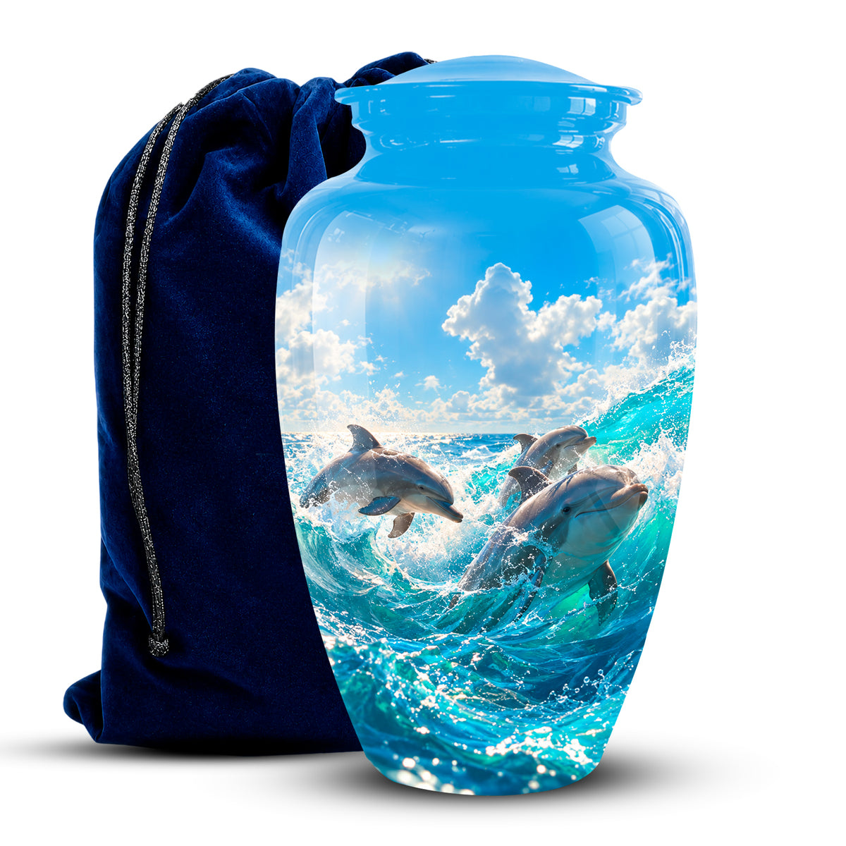 A glossy blue glass urn featuring a printed ocean scene with dolphins jumping through turquoise waves under a cloudy sky, shown next to a dark blue velvet drawstring bag on a white background.
