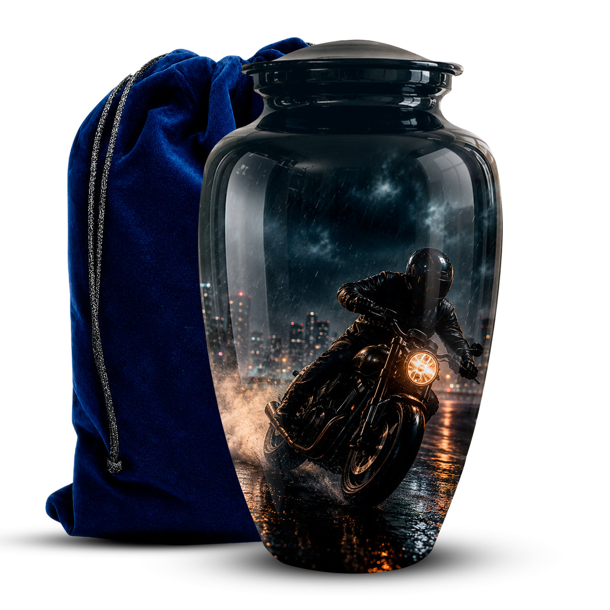 A glossy black cremation urn with a lid, featuring a printed graphic of a motorcyclist riding at night, shown next to a blue velvet drawstring bag on a white background.