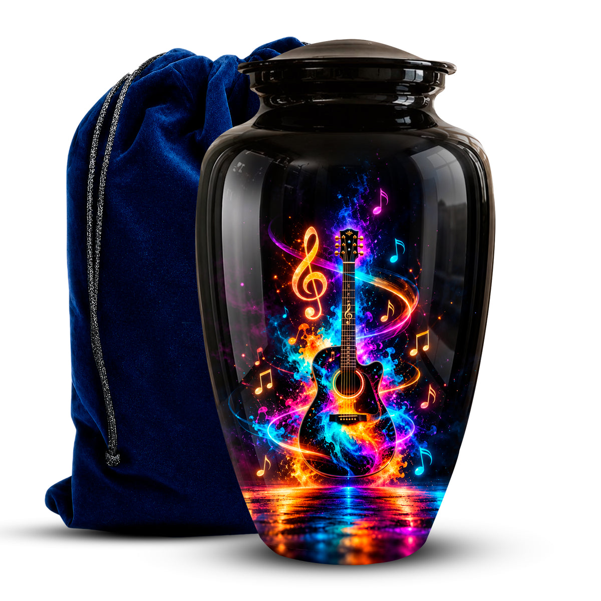 A glossy black urn-shaped vase with a colorful neon guitar and musical note design on the front, shown beside a dark blue velvet drawstring bag on a white background.