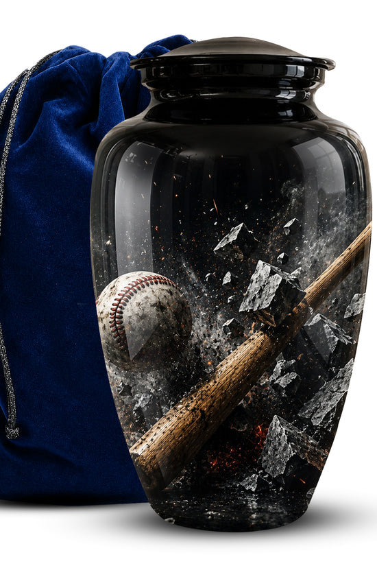 A black glass urn with a baseball and bat design inside, shown next to a blue velvet drawstring bag on a white background.