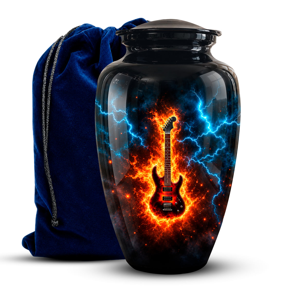 A glossy black urn-shaped vase or keepsake jar with a lid, featuring a printed design of a red electric guitar surrounded by bright orange flames and blue lightning. A dark blue velvet drawstring bag stands behind it on a white background.