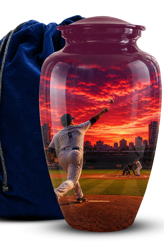 A glossy glass urn with a lid, featuring a printed baseball player at sunset on the front, shown next to a dark blue velvet drawstring bag on a white background.