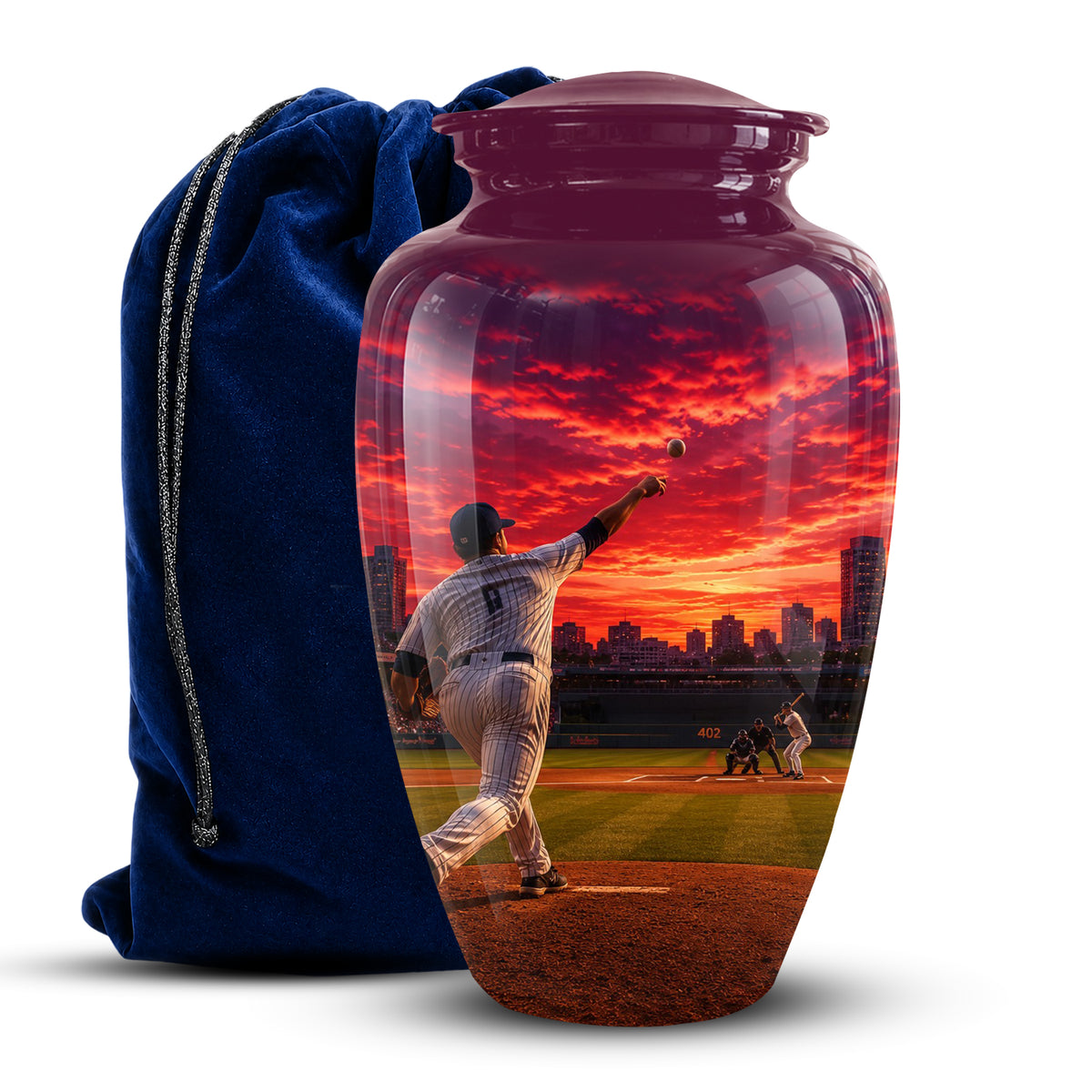 A glossy glass urn with a lid, featuring a printed baseball player at sunset on the front, shown next to a dark blue velvet drawstring bag on a white background.