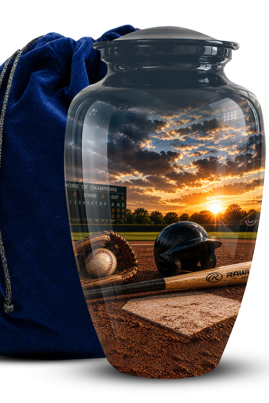 A glass keepsake urn with a baseball-themed printed design on the front, shown alongside a dark blue velvet drawstring bag on a white background.