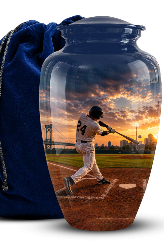 A glossy glass urn-shaped vase with a lid, shown with a dark blue velvet drawstring bag behind it on a white background. The vase features a printed baseball player at bat over a sunset field scene.
