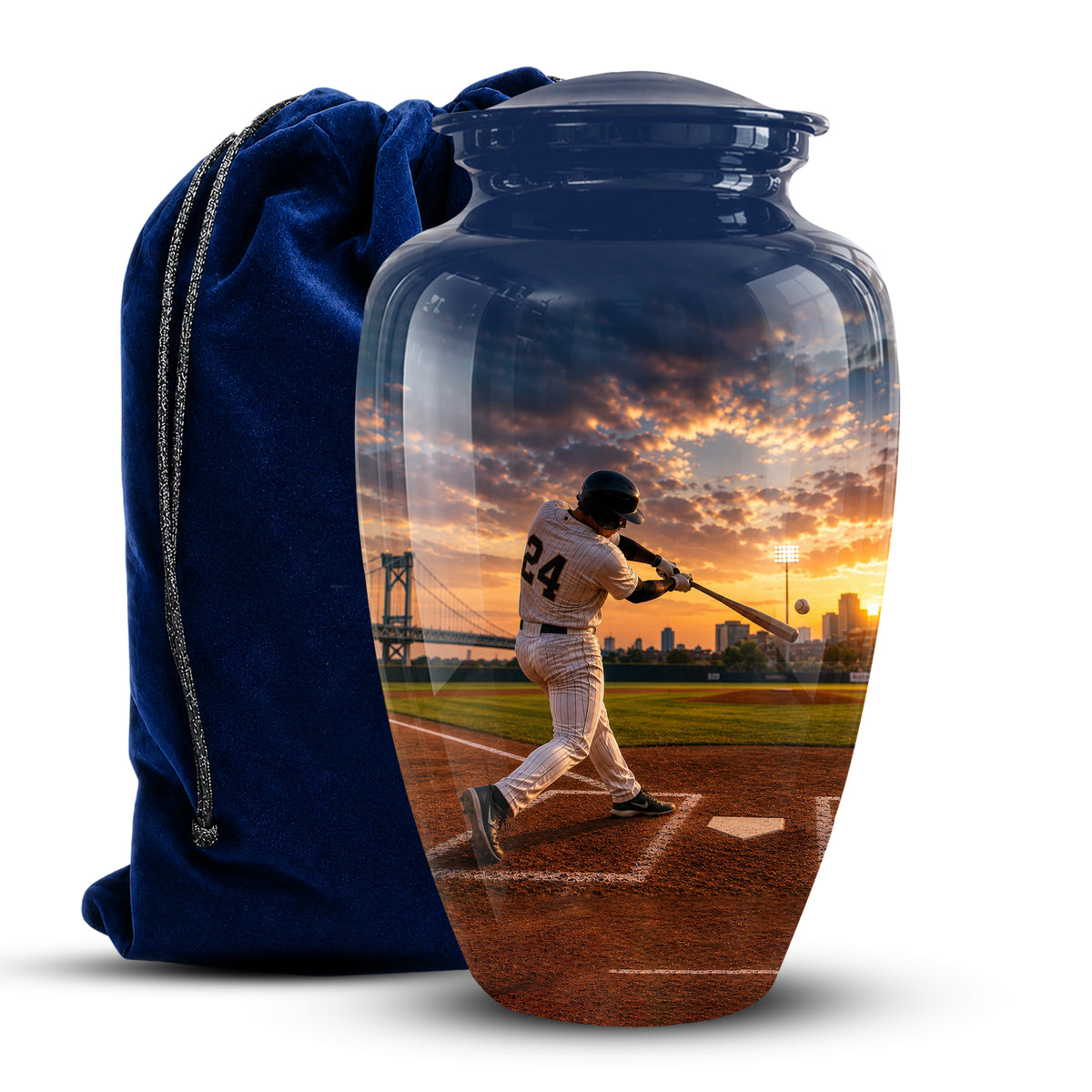 A glossy glass urn-shaped vase with a lid, shown with a dark blue velvet drawstring bag behind it on a white background. The vase features a printed baseball player at bat over a sunset field scene.