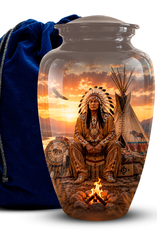 A clear glass cremation urn with a lid, featuring a printed scenic design of a Native American figure seated in front of a campfire with a teepee and sunset. A dark blue velvet drawstring bag stands behind the urn on a white background.