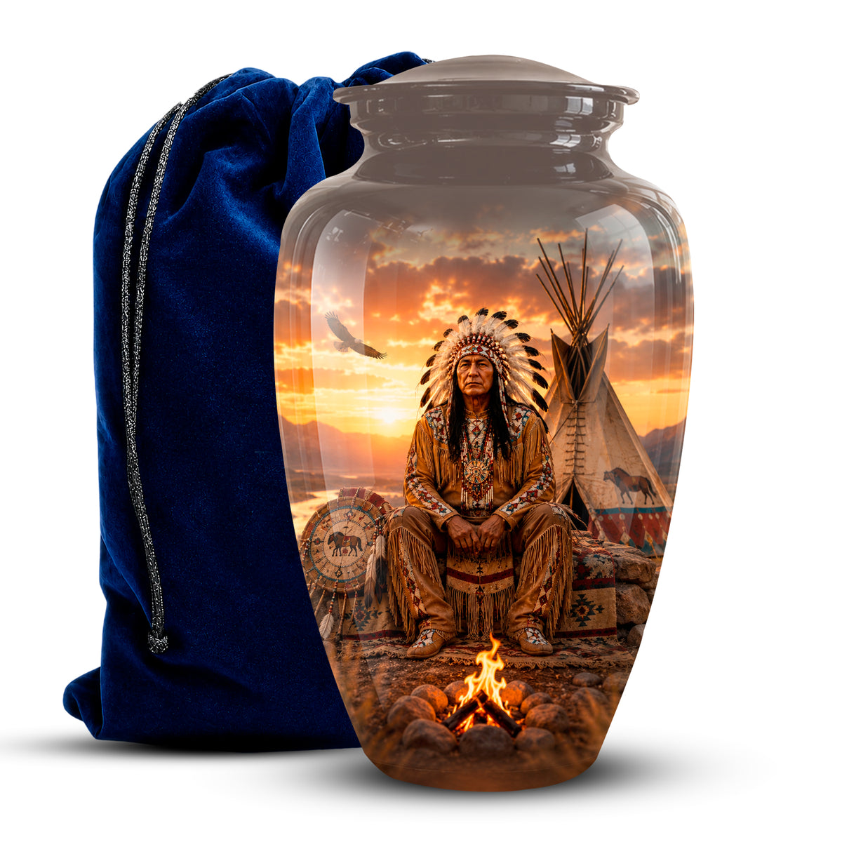 A clear glass cremation urn with a lid, featuring a printed scenic design of a Native American figure seated in front of a campfire with a teepee and sunset. A dark blue velvet drawstring bag stands behind the urn on a white background.