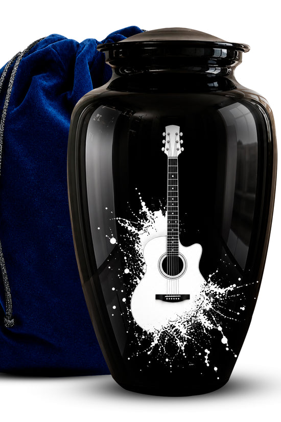 Black guitar urn for ashes with white acoustic guitar design