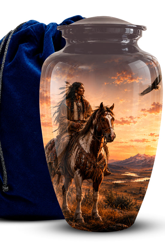 Personalized Native American Horse Rider Aluminum Cremation Ashes Urn