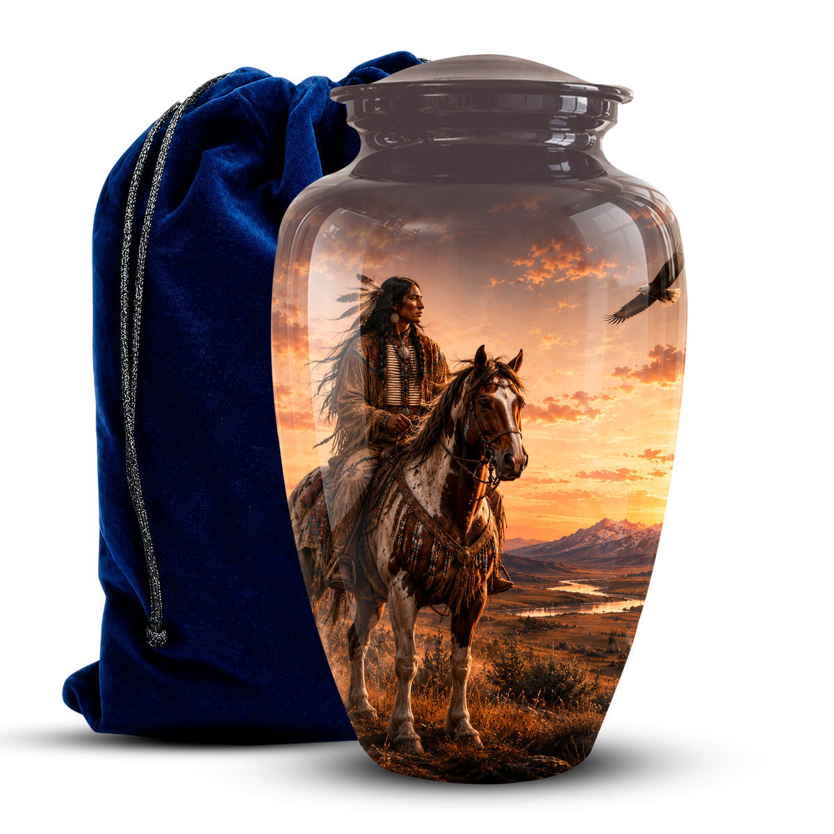 Personalized Native American Horse Rider Aluminum Cremation Ashes Urn