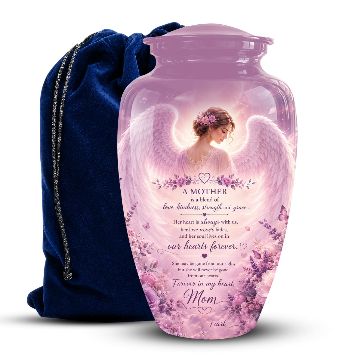 A pink translucent keepsake urn with a printed angel and lavender floral design, shown with a dark blue velvet drawstring bag on a white background.