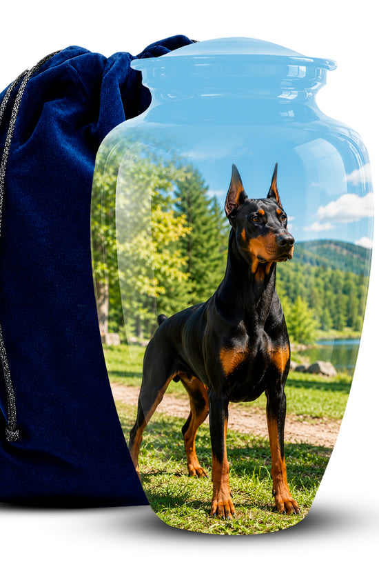 A clear glass pet urn with a custom printed photo of a black and tan Doberman on the front, shown next to a dark blue velvet drawstring bag on a white background.