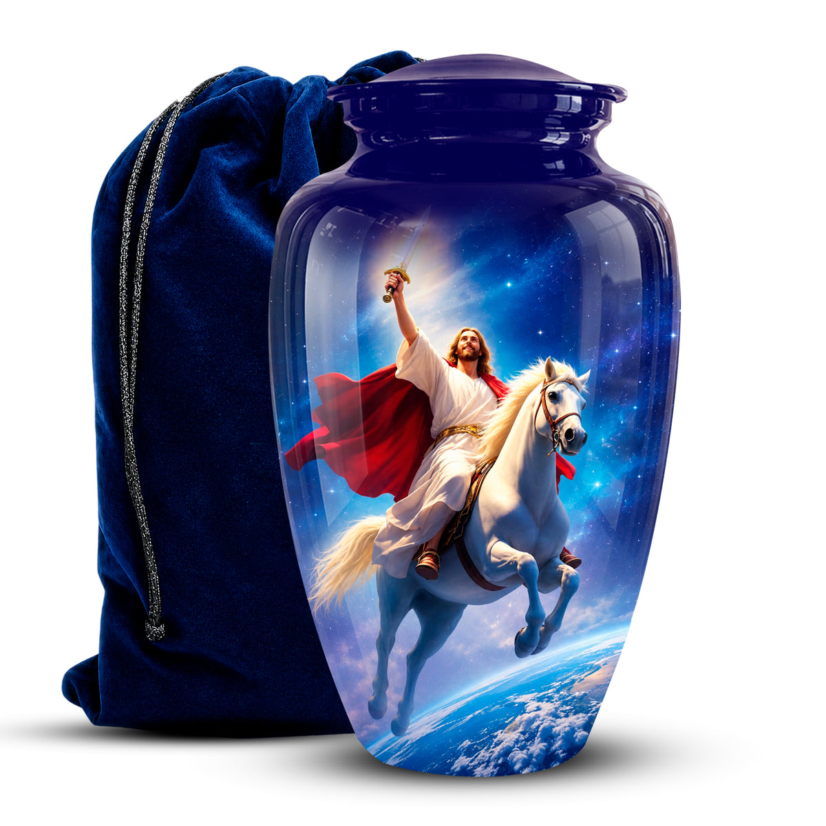 A glossy dark blue urn-shaped keepsake jar with a matching lid, shown in front of a dark blue velvet drawstring bag. The jar features a printed image of Jesus riding a white horse through a starry sky above Earth.