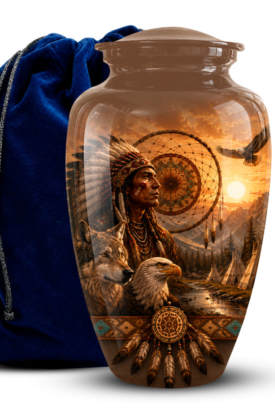 A glossy ceramic cremation urn with a detailed Native American-themed graphic print, shown next to a royal blue velvet drawstring bag on a white background.