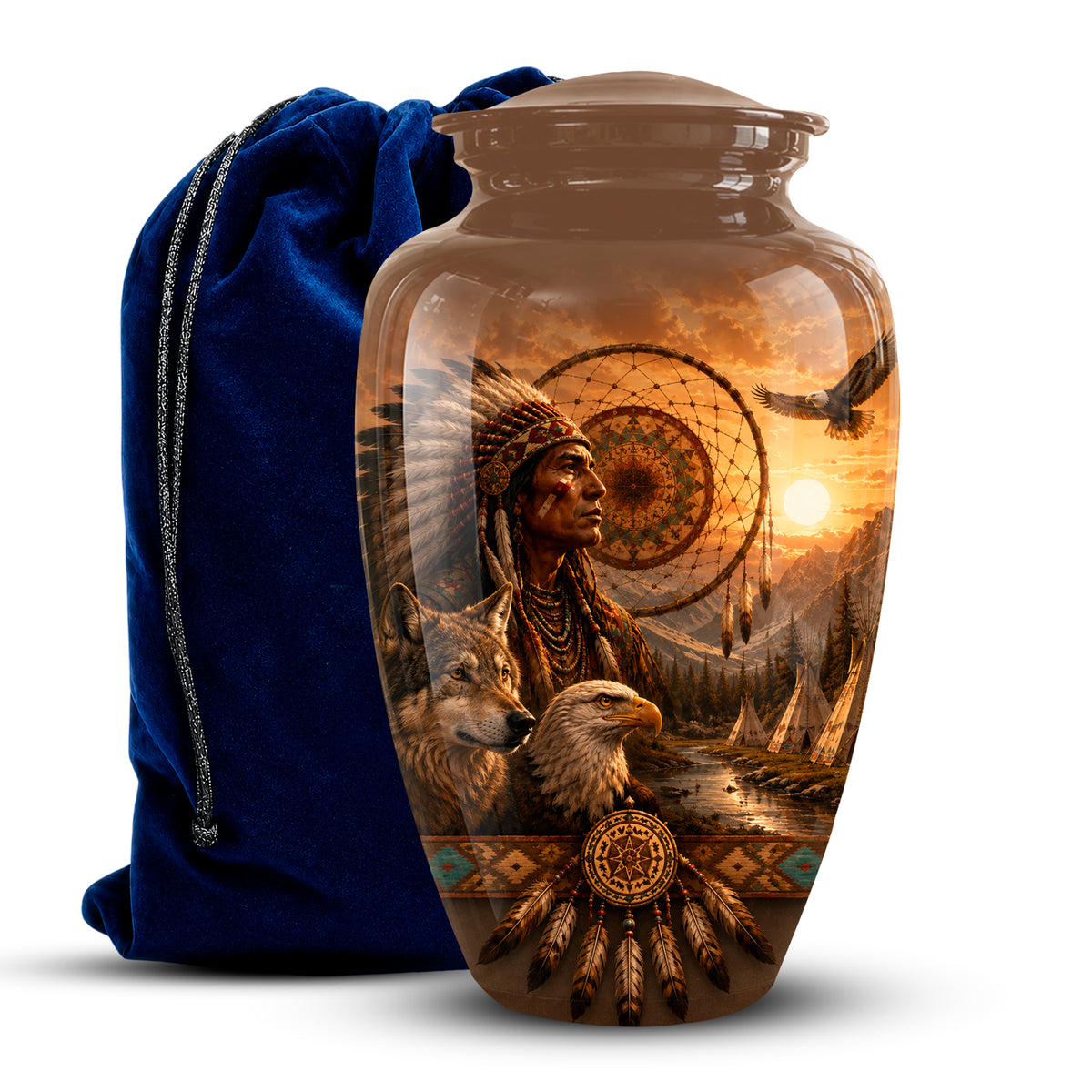 A glossy ceramic cremation urn with a detailed Native American-themed graphic print, shown next to a royal blue velvet drawstring bag on a white background.
