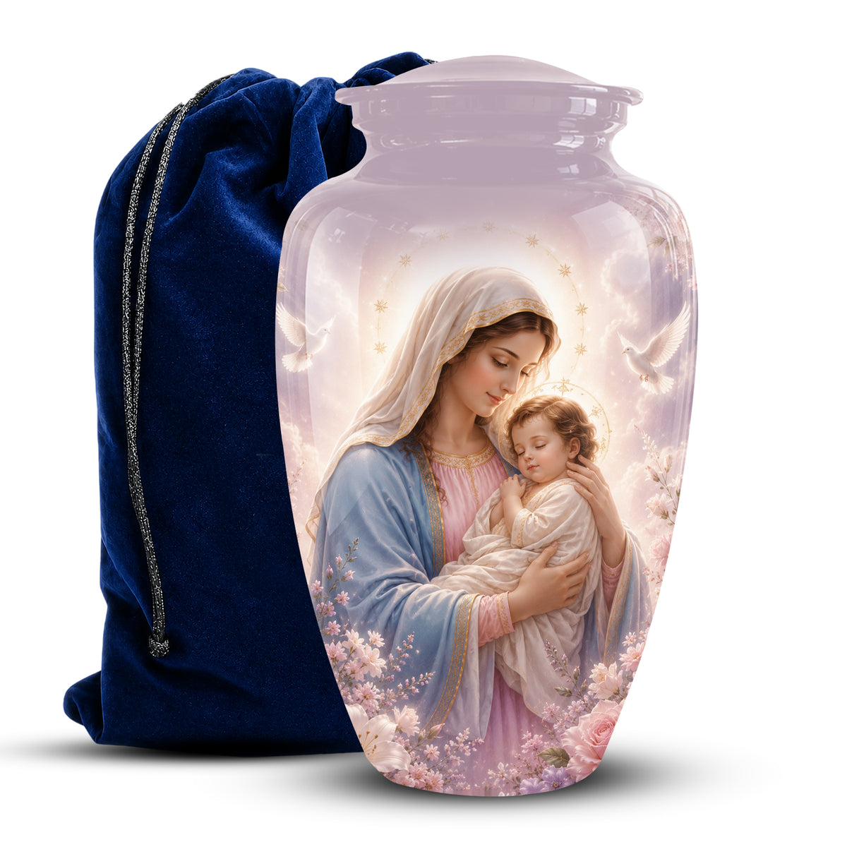 A glossy glass cremation urn featuring a printed devotional image of the Virgin Mary holding the infant Jesus, shown next to a dark blue velvet drawstring bag on a white background.