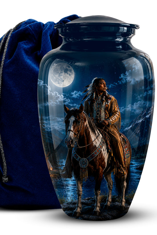 A glossy dark blue ceramic cremation urn with a lid, featuring a printed scenic illustration of a Native American rider on a horse under a full moon. A deep blue velvet drawstring bag sits behind the urn on a white background.