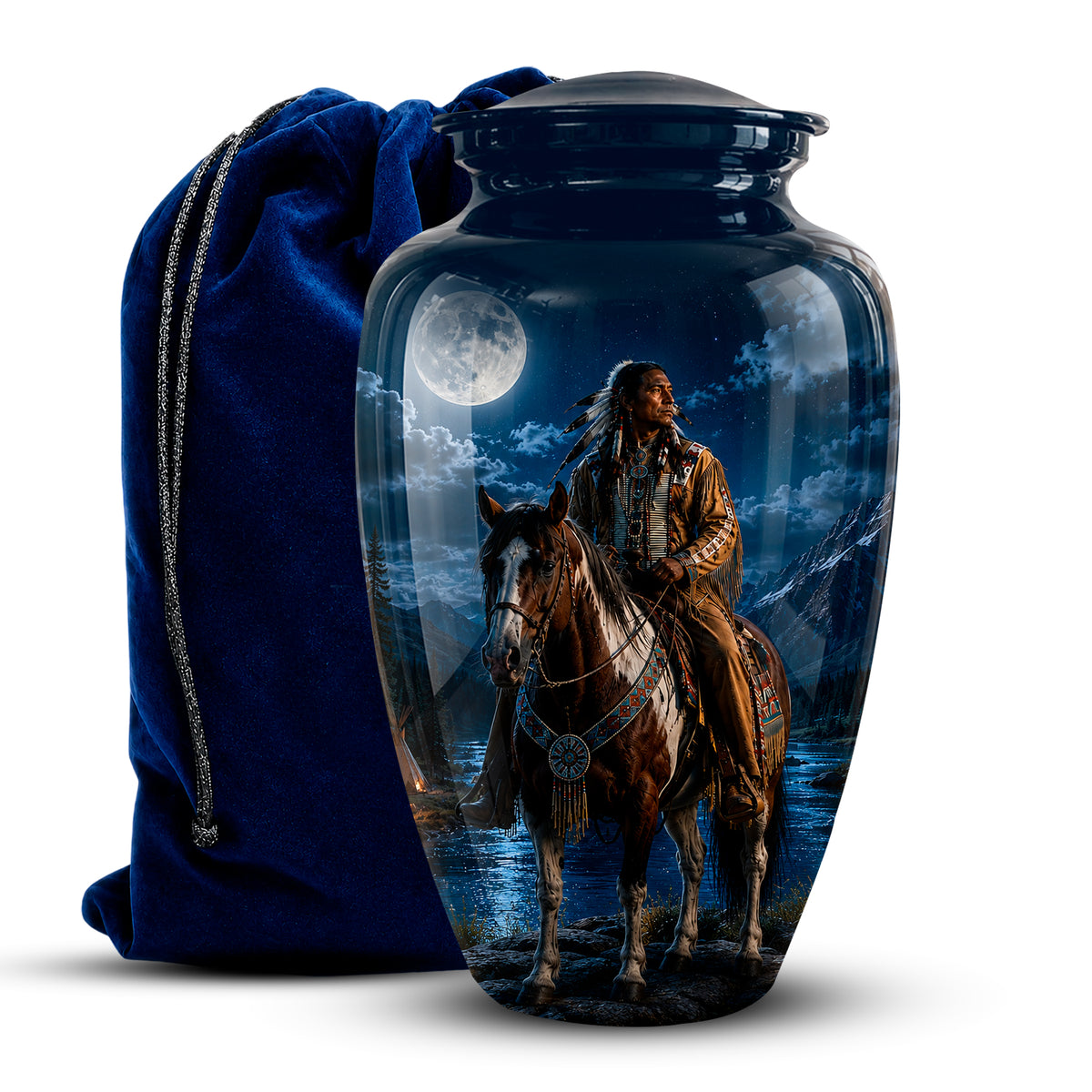 A glossy dark blue ceramic cremation urn with a lid, featuring a printed scenic illustration of a Native American rider on a horse under a full moon. A deep blue velvet drawstring bag sits behind the urn on a white background.