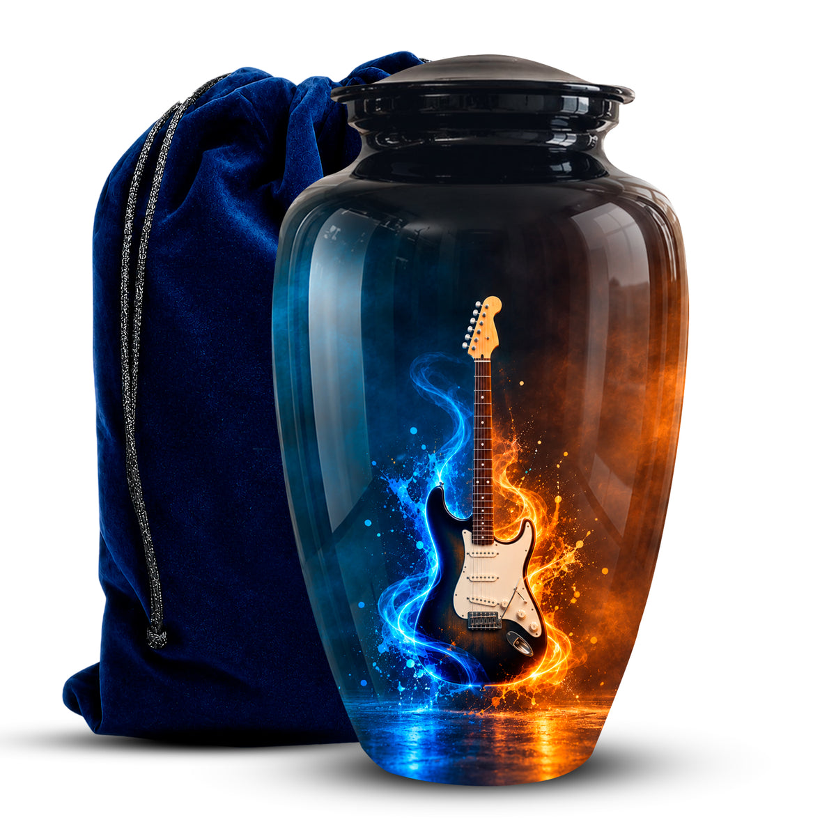 A glossy black glass urn-shaped vase with a lid, featuring a printed electric guitar design split by blue and orange flame-like swirls. A dark blue velvet drawstring bag sits behind it on a white studio background.