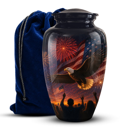 A glossy black cremation urn with a lid, featuring a patriotic print of an eagle flying in front of an American flag and fireworks, shown next to a royal blue velvet drawstring bag on a white background.