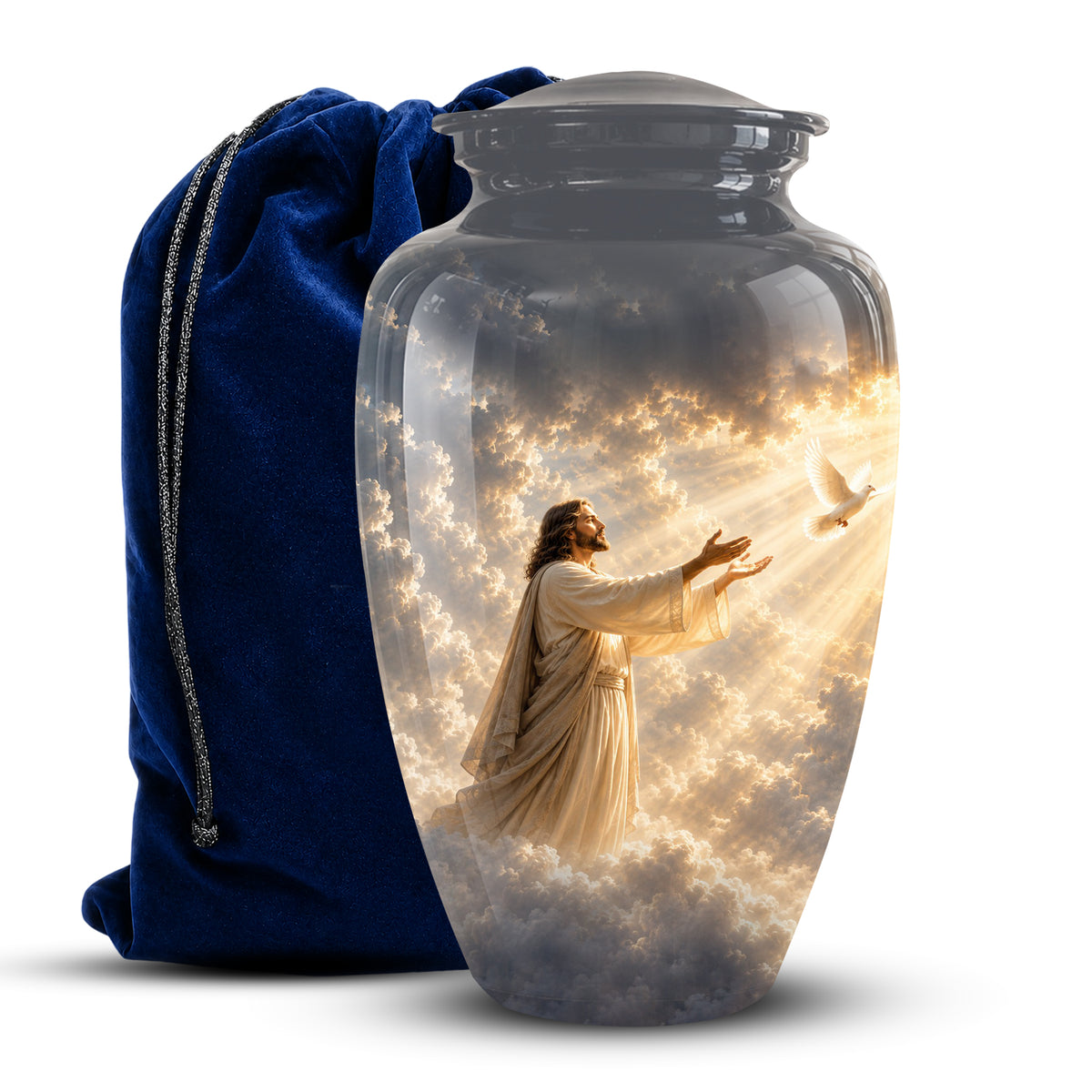 A clear glass cremation urn with a printed celestial scene of Jesus reaching toward a white dove amidst golden clouds, shown next to a dark blue velvet drawstring bag on a white background.