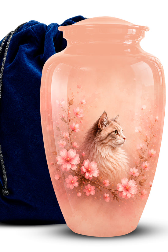 A peach-colored glass urn featuring a printed illustration of a fluffy cat among pink blossoms, shown next to a dark blue velvet drawstring bag on a white background.