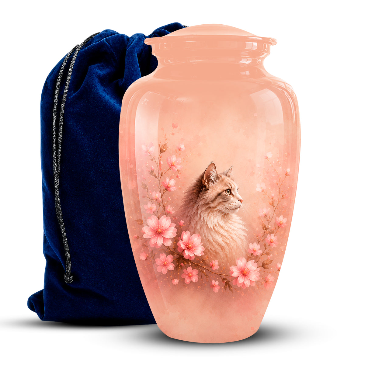 A peach-colored glass urn featuring a printed illustration of a fluffy cat among pink blossoms, shown next to a dark blue velvet drawstring bag on a white background.