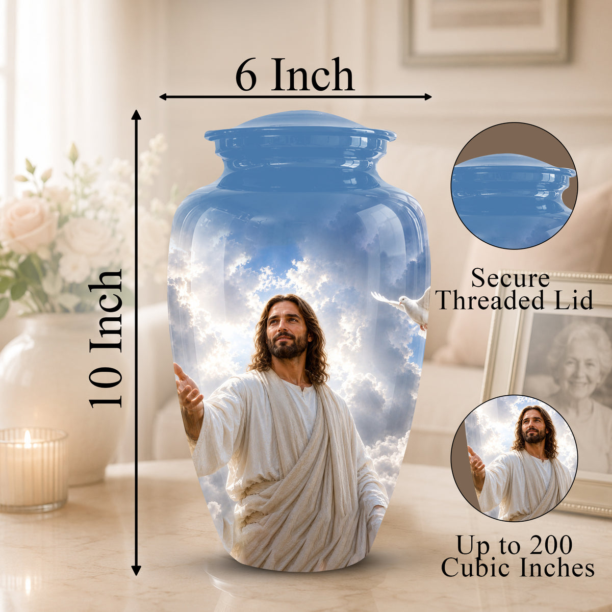 Personalized Jesus Cremation Urn - Blue Aluminum Urn For Spiritual Humans