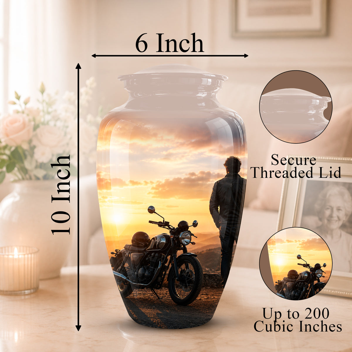 A 10-inch by 6-inch ceramic memorial vase with a printed motorcycle and sunset scene, shown on a tabletop with dimension callouts and inset detail circles for the threaded lid and printed design.