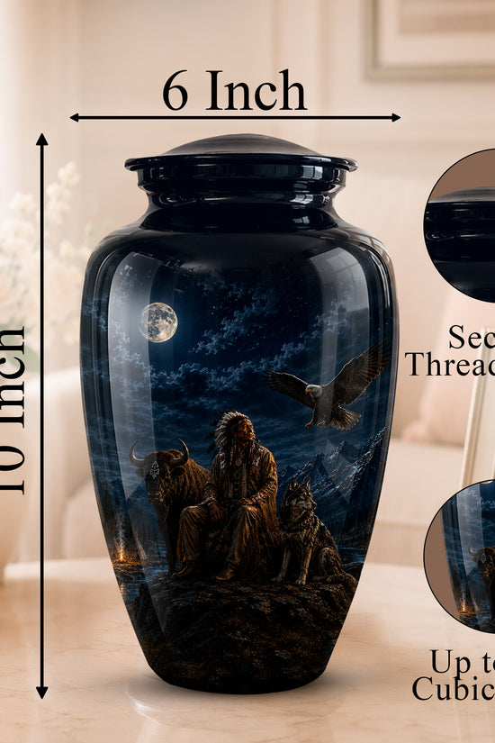 A black ceramic memorial urn with a detailed night sky illustration, shown with dimension labels indicating 6 inch width and 10 inch height. The urn features a moon, clouds, an eagle, and a seated figure with dogs.