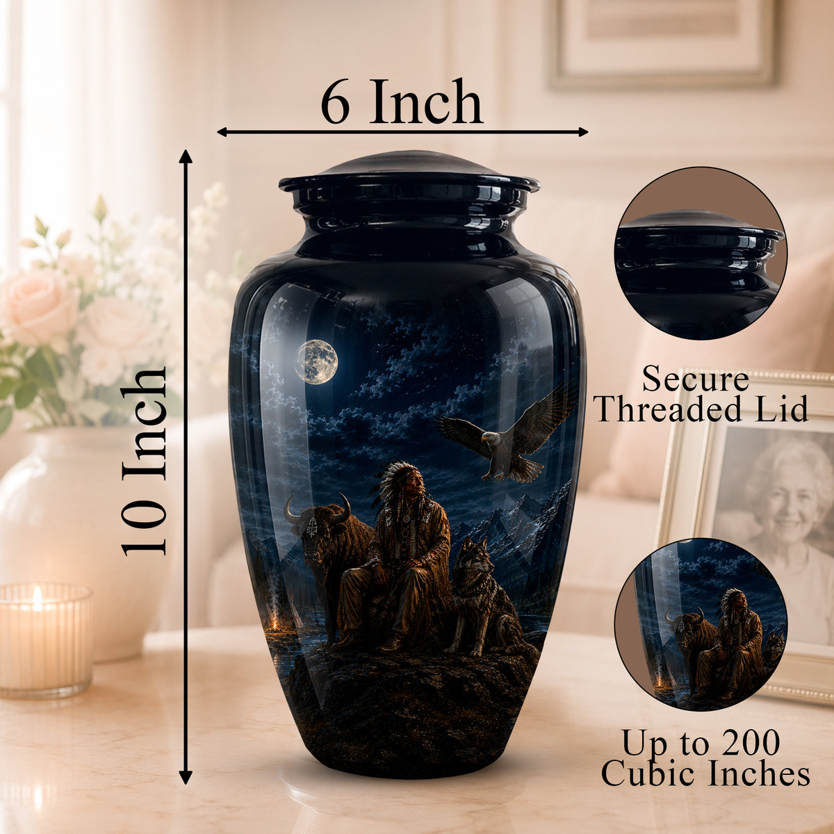 A black ceramic memorial urn with a detailed night sky illustration, shown with dimension labels indicating 6 inch width and 10 inch height. The urn features a moon, clouds, an eagle, and a seated figure with dogs.