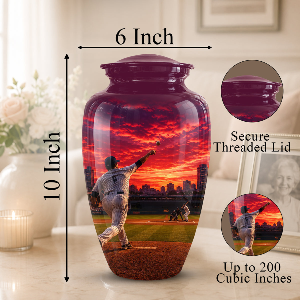 Personalized Sunset Stadium Baseball Cremation Urn For Pitcher's Ashes