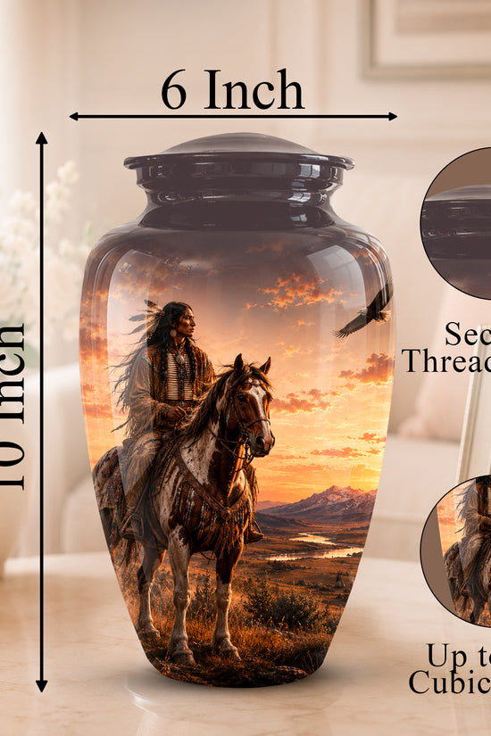 Personalized Native American Horse Rider Aluminum Cremation Ashes Urn