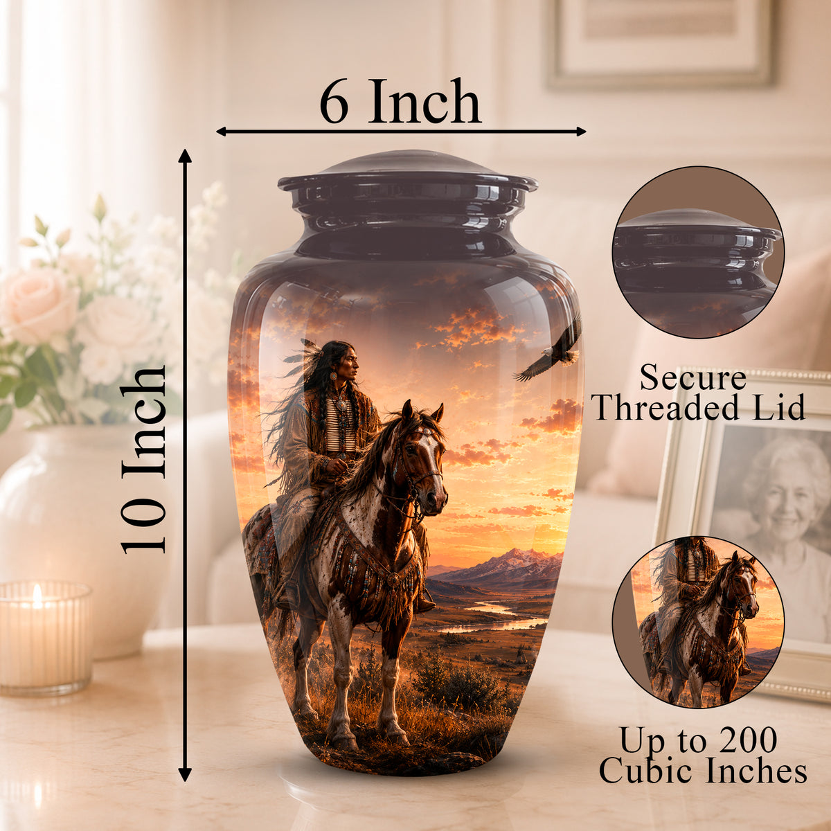 Personalized Native American Horse Rider Aluminum Cremation Ashes Urn