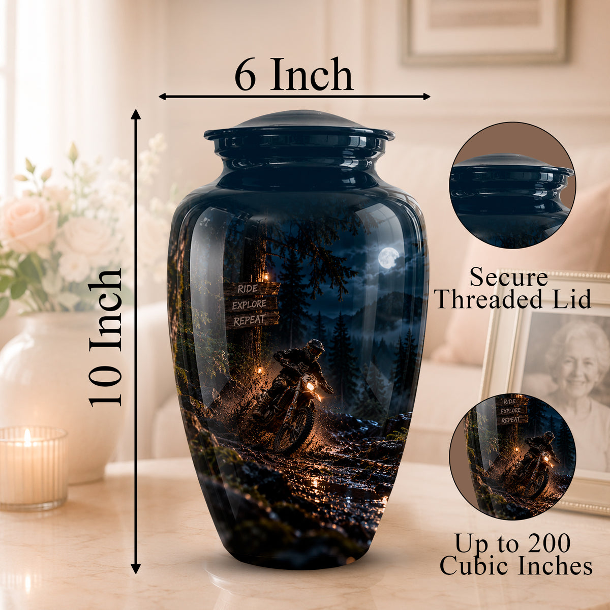A dark blue memorial urn with a printed night landscape design, shown on a tabletop with dimension arrows indicating 10 inch height and 6 inch width. Two circular inset close-ups show the secure threaded lid and the printed detail, with text noting up to 200 cubic inches.
