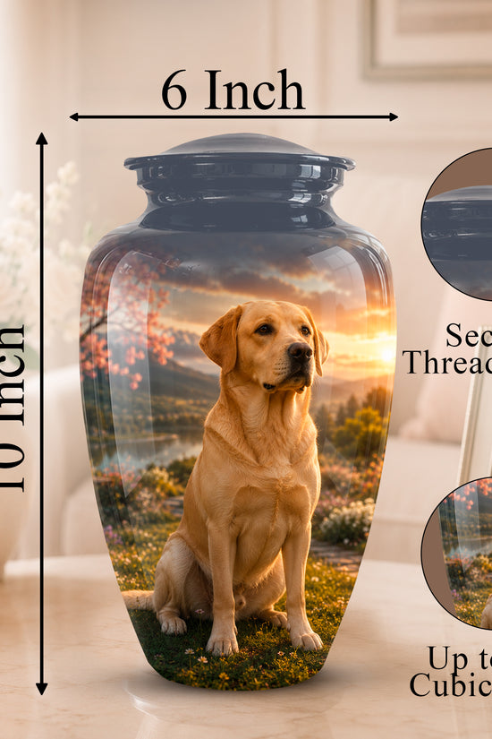 Personalized ceramic pet memorial urn with a printed Labrador retriever scene, shown with dimension labels of 10 inch height and 6 inch width, plus circular inset details about the secure threaded lid and 200 cubic inch capacity.