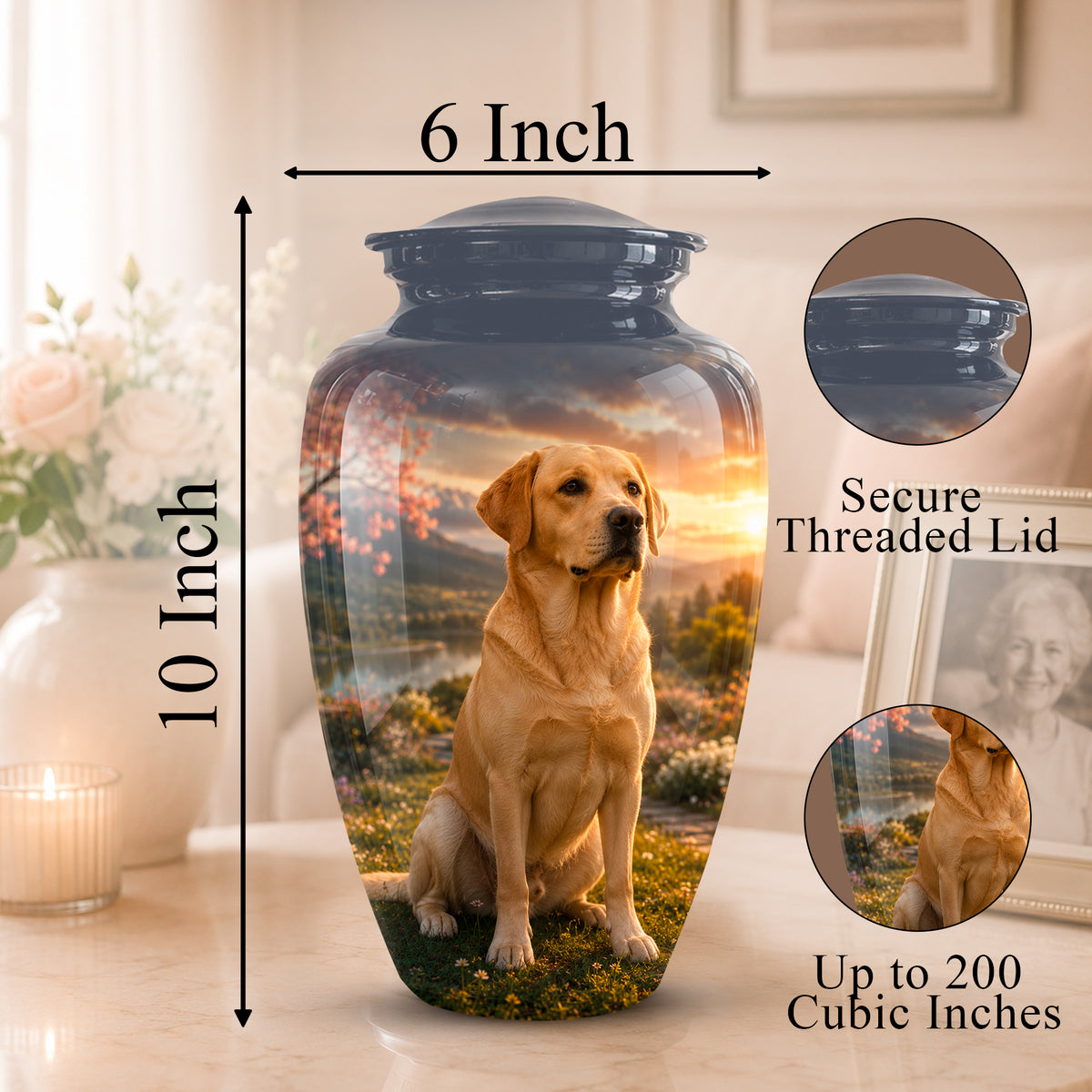 Personalized ceramic pet memorial urn with a printed Labrador retriever scene, shown with dimension labels of 10 inch height and 6 inch width, plus circular inset details about the secure threaded lid and 200 cubic inch capacity.