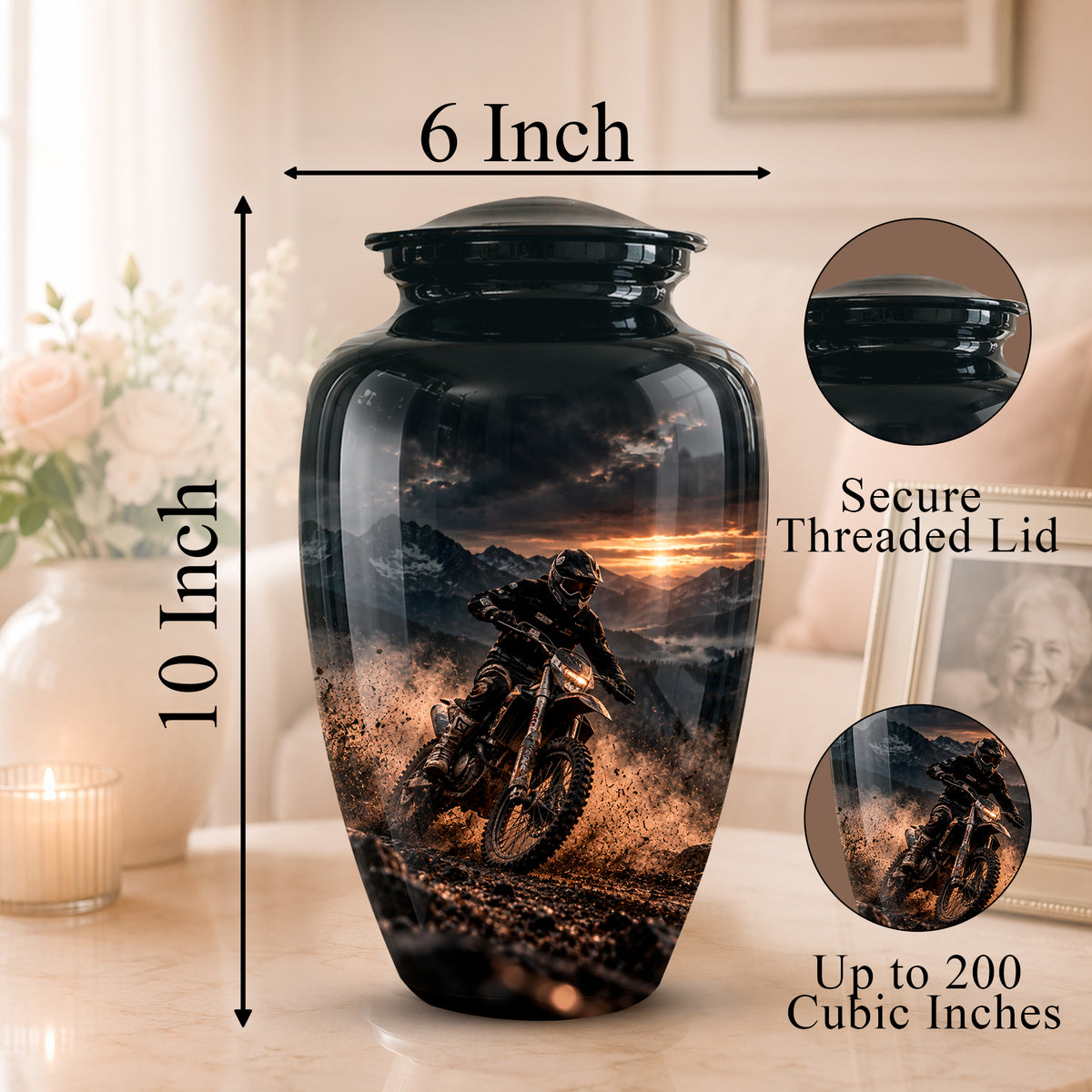 A black ceramic cremation urn with a printed motocross rider scene on the front, shown on a tabletop with dimension labels reading 10 Inch height and 6 Inch width. Circular inset images highlight the secure threaded lid and the printed design capacity up to 200 cubic inches.