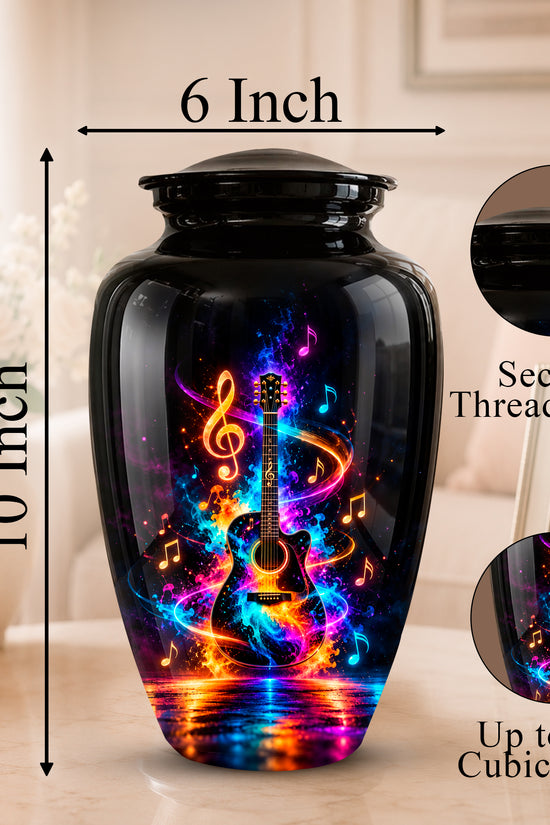 Black glass cremation urn with a colorful neon music note and guitar design, shown with dimension labels of 10 inch height and 6 inch width, plus inset close-ups of the secure threaded lid and printed artwork.