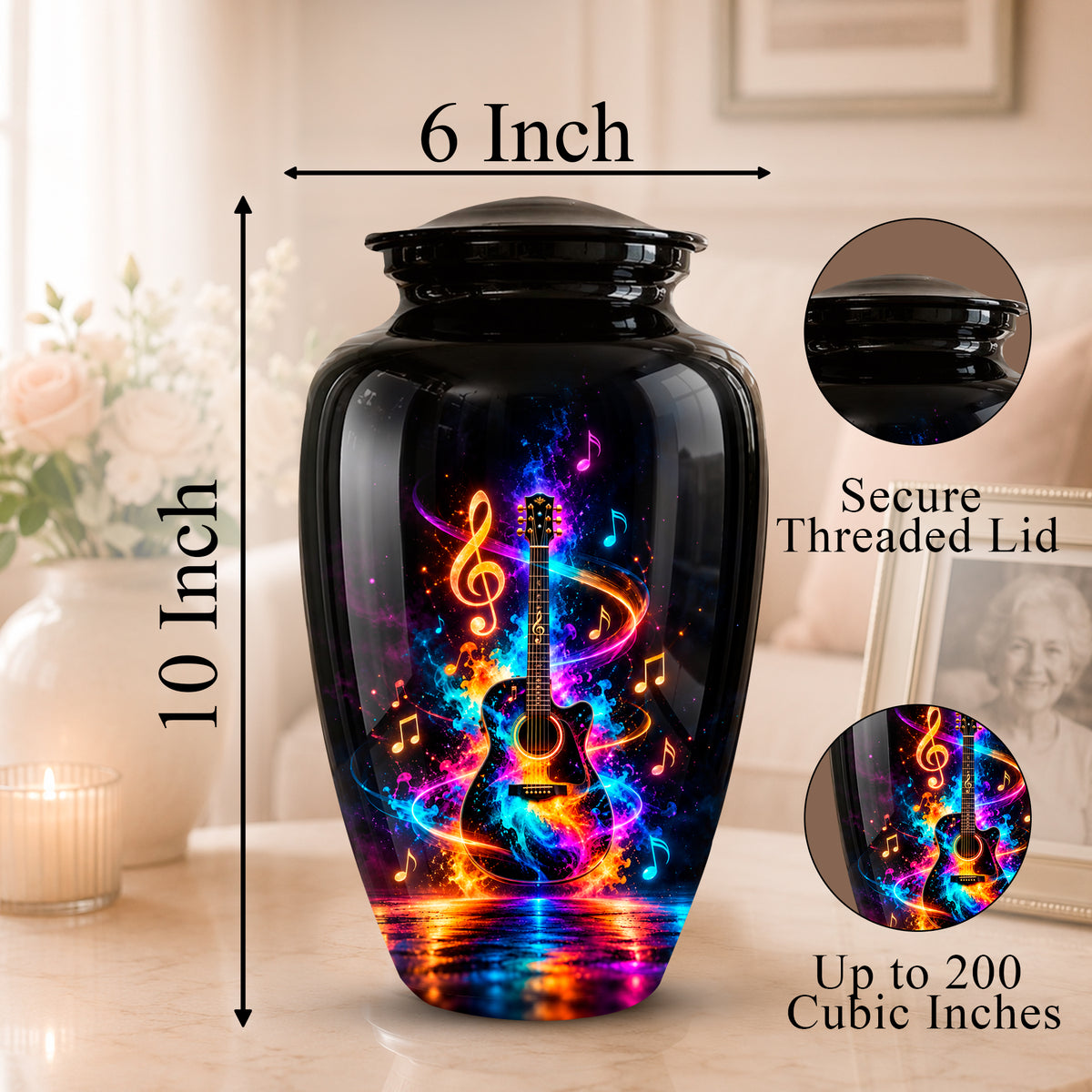 Black glass cremation urn with a colorful neon music note and guitar design, shown with dimension labels of 10 inch height and 6 inch width, plus inset close-ups of the secure threaded lid and printed artwork.