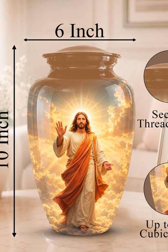 A glass cremation urn with a printed image of Jesus standing in a glowing sky, shown on a tabletop with dimension labels reading 10 Inch tall and 6 Inch wide. Two circular inset callouts say 'Secure Threaded Lid' and 'Up to 200 Cubic Inches.